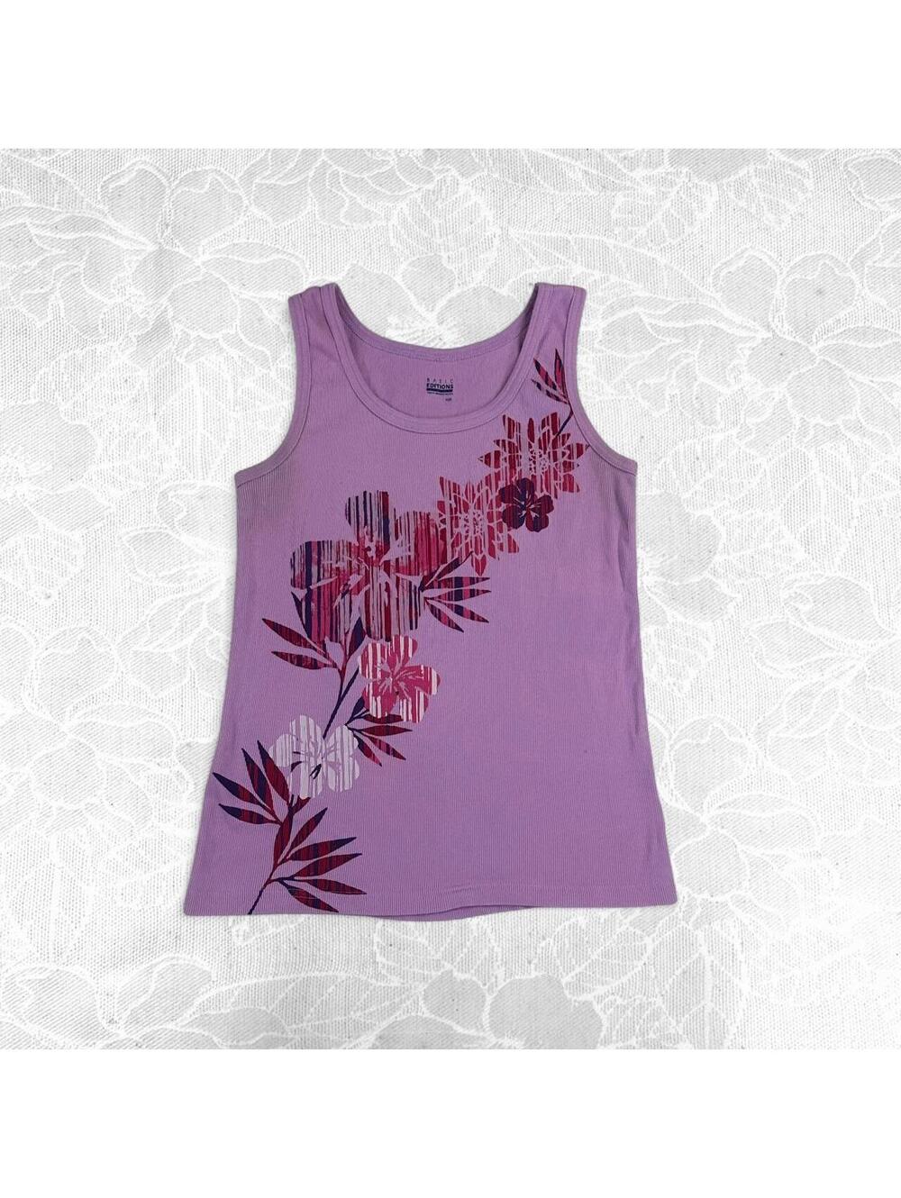 Basic Editions Purple Tank Top with Tropical Floral Graphic - M